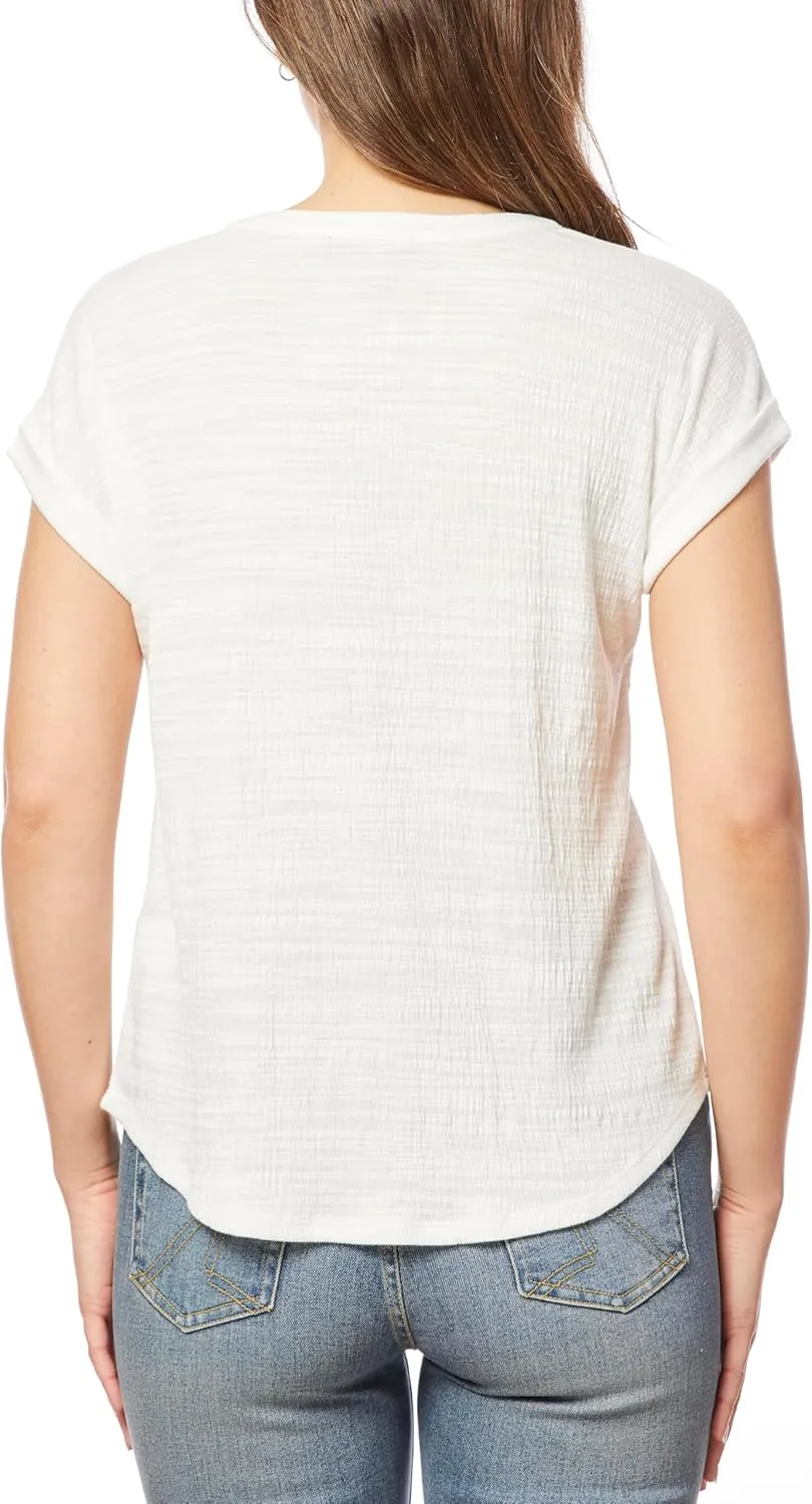 Cable & Gauge Cap Sleeve Embroidered Split Neck Top