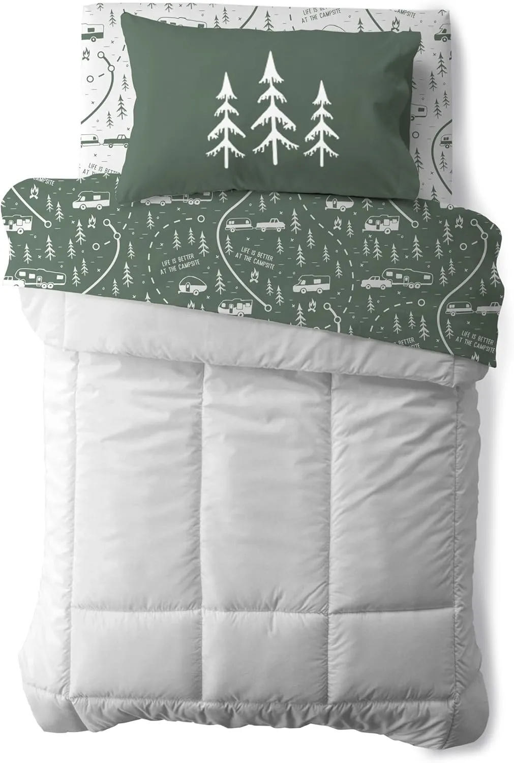 Camco Life is Better at The Campsite Camper/RV Bunk Sized Bed Sheets | Features Green & White Map Design | Crafted of Soft Machine Washable Polyester | 3-Piece Set (53477)