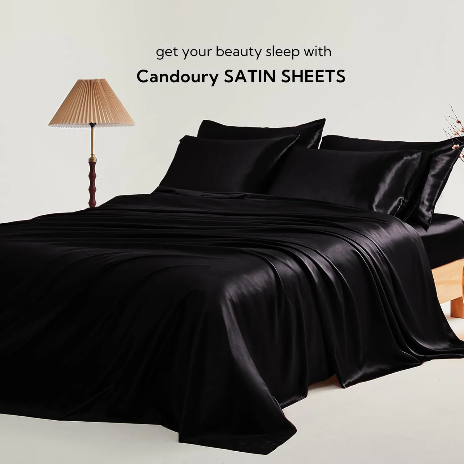 Candoury Satin Sheets Queen Bed Set 4 Pcs, Soft and Durable Pillowcase, Flat Sheet and Fitted Sheet, Hotel Luxury Silky Satin Sheets Set(Queen, Black)