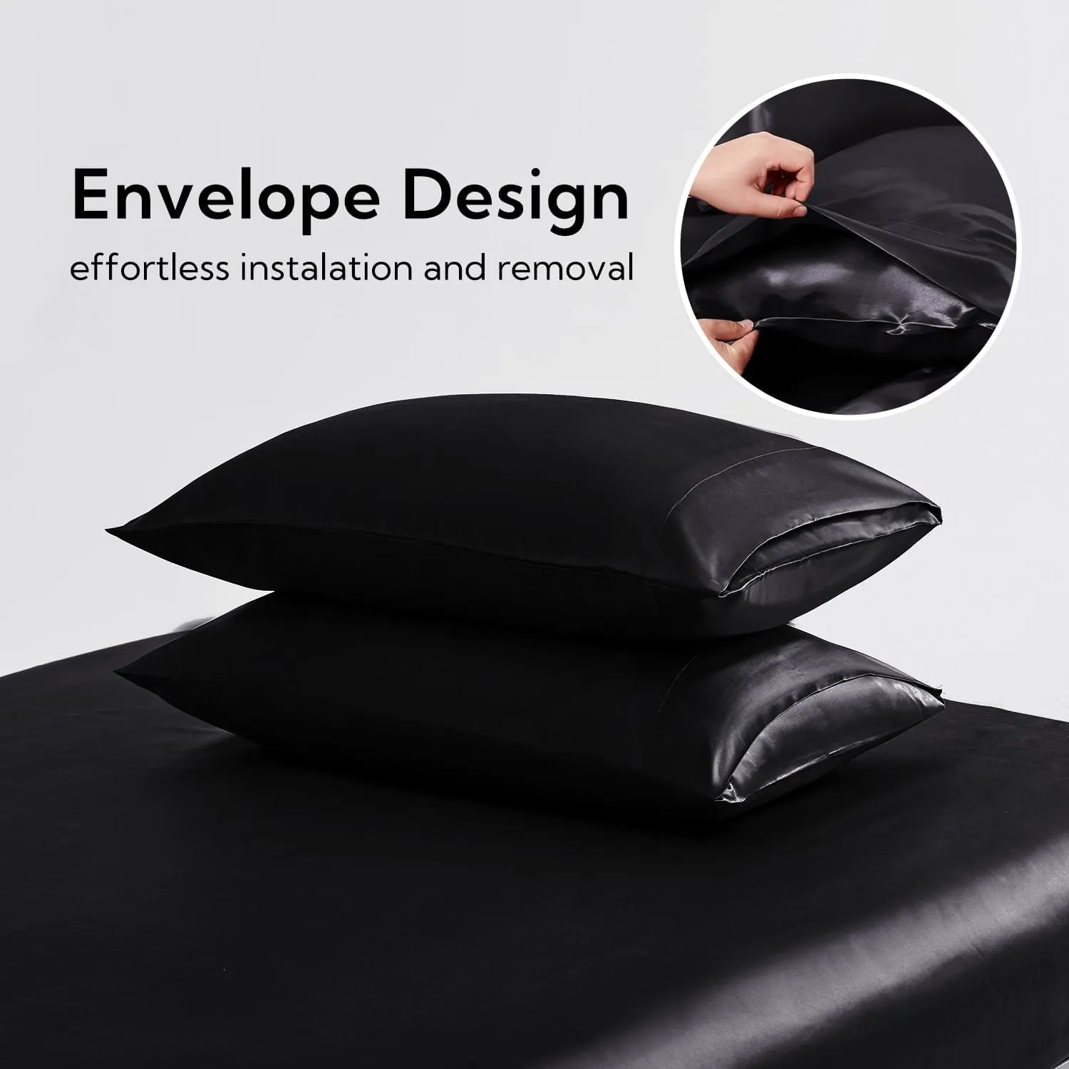 Candoury Satin Sheets Queen Bed Set 4 Pcs, Soft and Durable Pillowcase, Flat Sheet and Fitted Sheet, Hotel Luxury Silky Satin Sheets Set(Queen, Black)