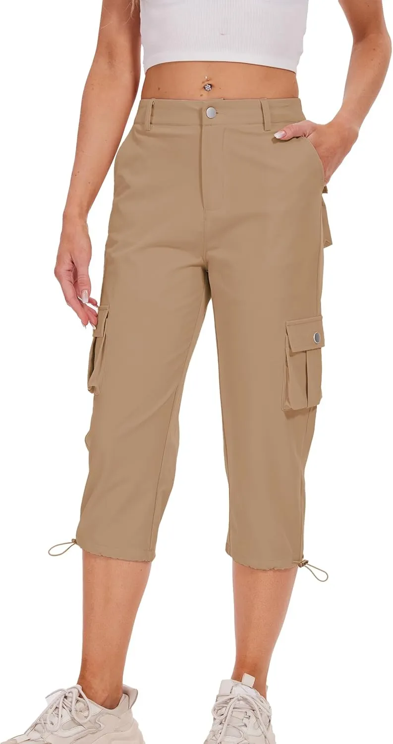 Cargo Capris for Women Hiking Pants Casual Summer Quick Dry Outdoor Travel Pull On Capri with 6 Pockets