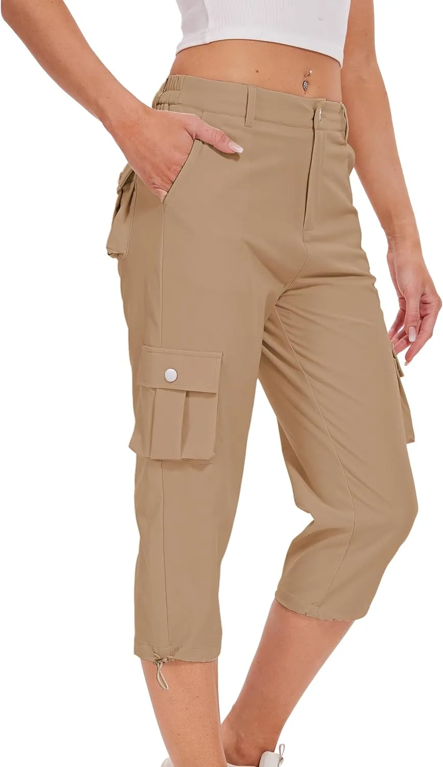 Cargo Capris for Women Hiking Pants Casual Summer Quick Dry Outdoor Travel Pull On Capri with 6 Pockets