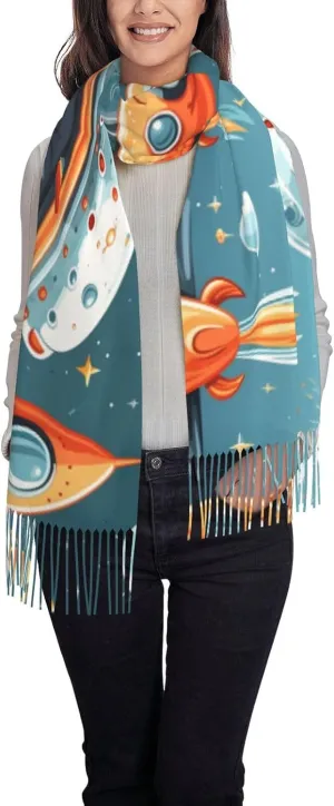 (Cartoon Rockets) Elegant Women Tassel Scarf Soft Warm Long Shawl Wrap Ladies Fall Winter Scarves