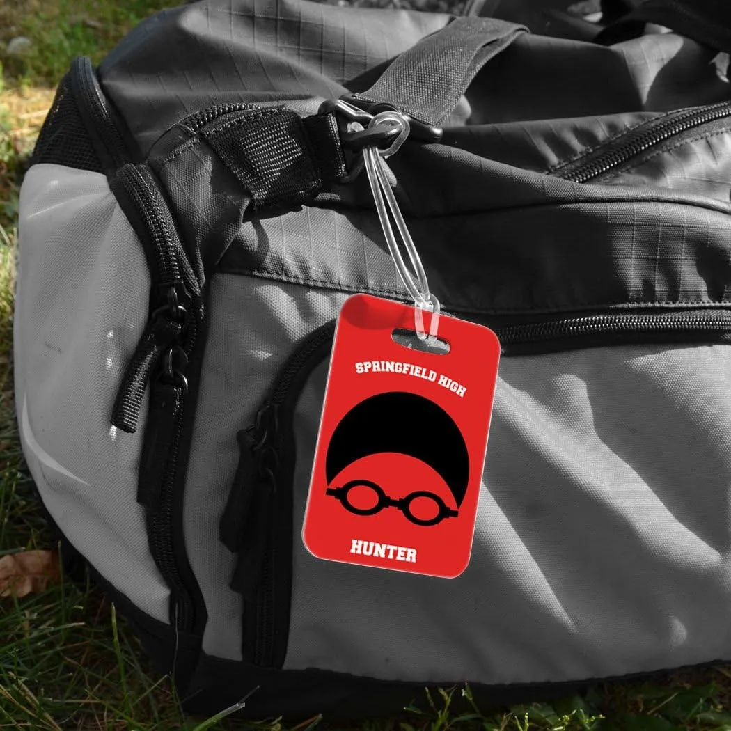 ChalkTalkSPORTS Swimming Luggage & Bag Tag | Personalized Swim Team Goggles & Cap | Standard Lines on Back | Medium | RED/Black