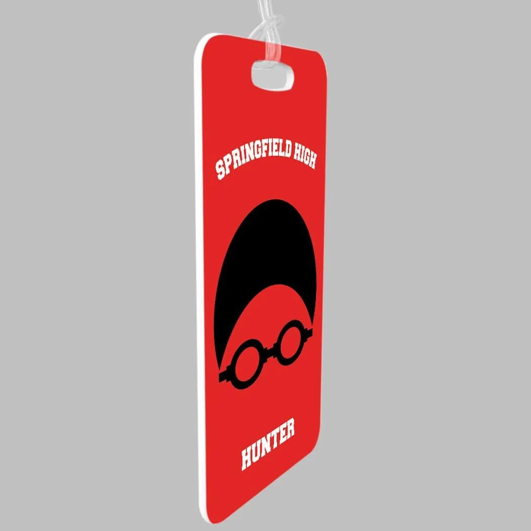 ChalkTalkSPORTS Swimming Luggage & Bag Tag | Personalized Swim Team Goggles & Cap | Standard Lines on Back | Medium | RED/Black
