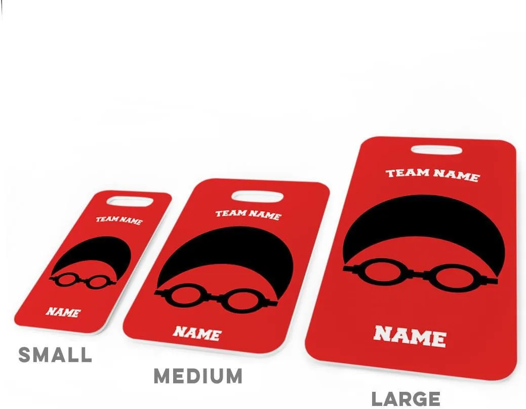 ChalkTalkSPORTS Swimming Luggage & Bag Tag | Personalized Swim Team Goggles & Cap | Standard Lines on Back | Medium | RED/Black