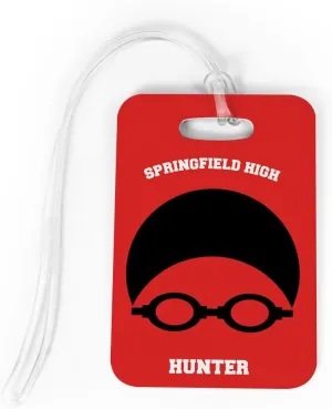 ChalkTalkSPORTS Swimming Luggage & Bag Tag | Personalized Swim Team Goggles & Cap | Standard Lines on Back | Medium | RED/Black
