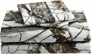 Chezmoi Collection Salem 4-Piece Cabin Lodge Forest Woods Sheet Set - Nature Camo Tree Leaves Printed Soft Microfiber Sheets - California King, White
