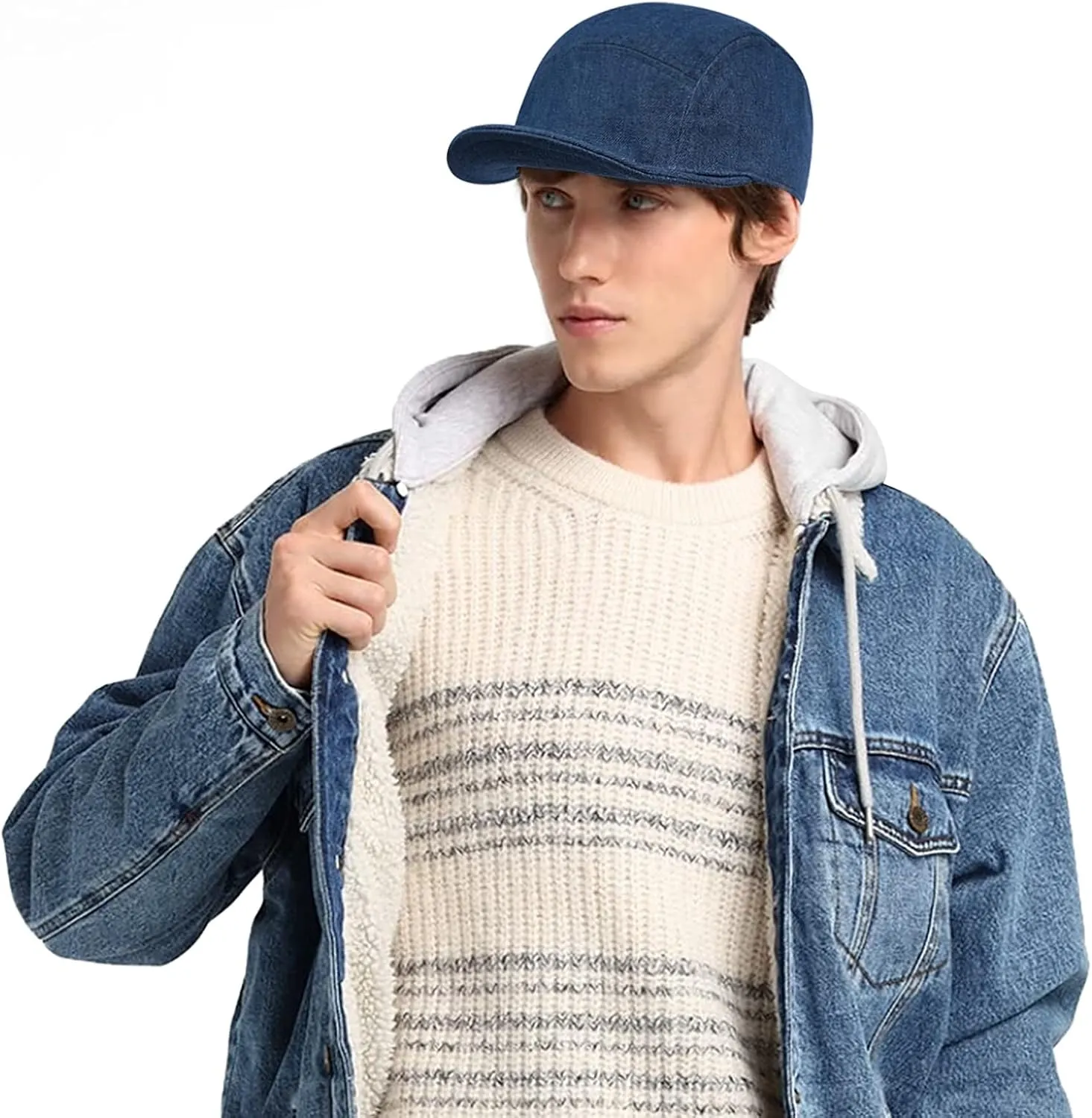 Clakllie Stylish Short Bill Hat Denim Baseball Cap Soft Flat Brim Snapback Hats Trucker Hat Casual Dad Hats Hip Hop Cadet Cap