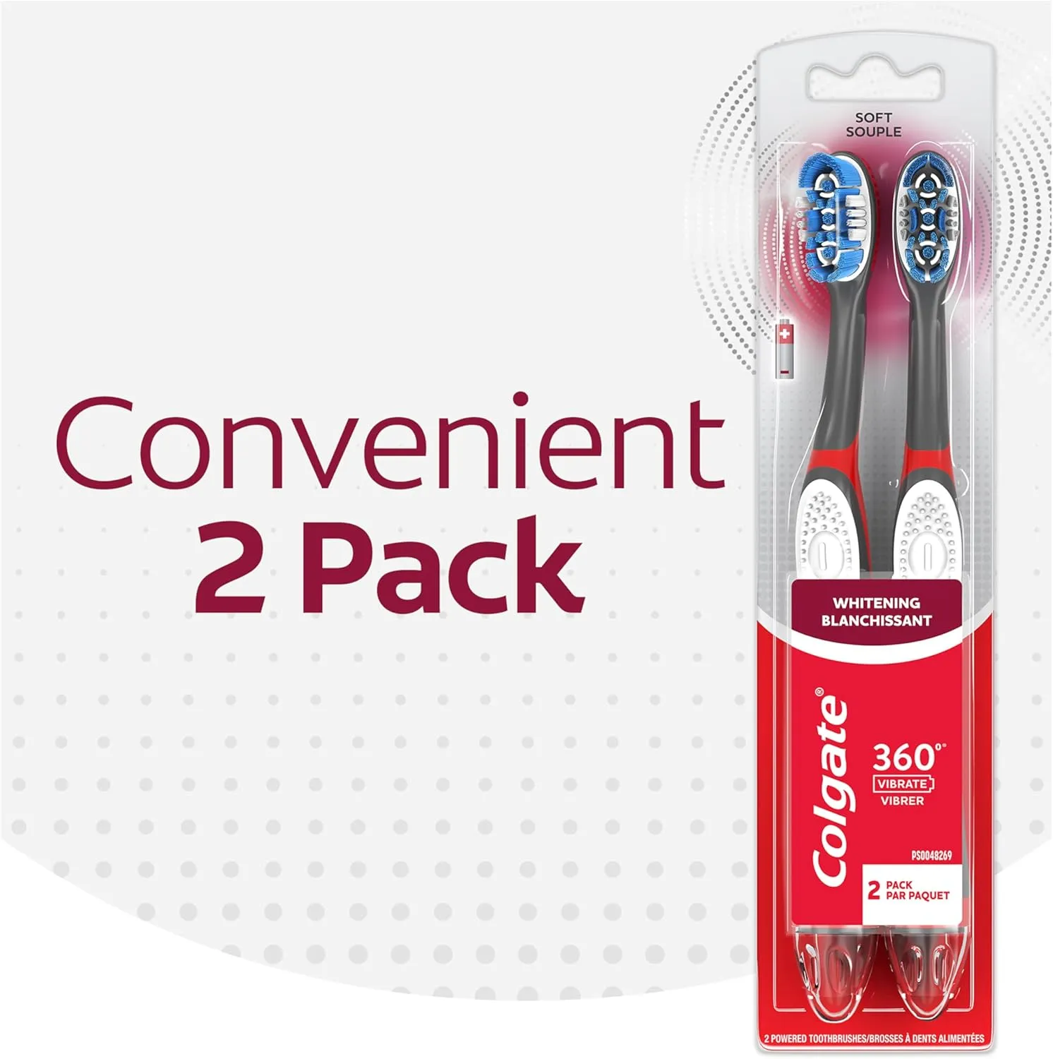 Colgate, 360 Optic White Sonic Battery Powered Vibrating Toothbrush Soft, 2 Count