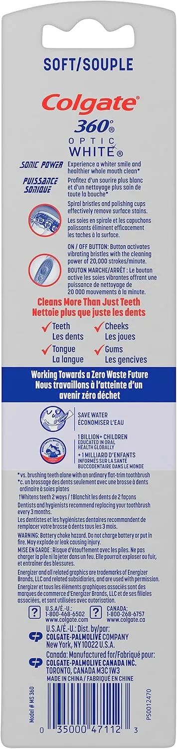Colgate, 360 Optic White Sonic Battery Powered Vibrating Toothbrush Soft, 2 Count