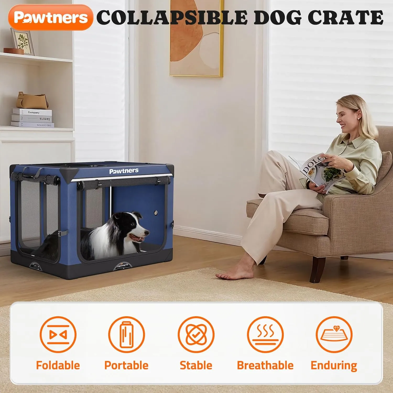 Collapsible Dog Crate: 38 Inch Foldable Soft Sided Dog Crate for Large Dogs, Portable Dog Travel Kennel with Soft Mat for Indoors & Outdoors, Blue