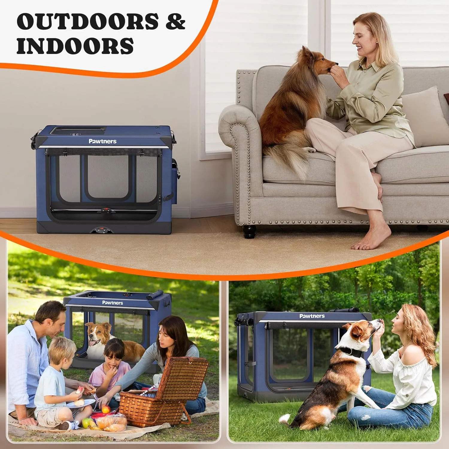 Collapsible Dog Crate: 38 Inch Foldable Soft Sided Dog Crate for Large Dogs, Portable Dog Travel Kennel with Soft Mat for Indoors & Outdoors, Blue