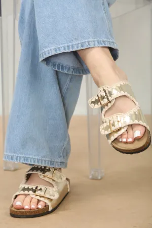 CONTRAST STITCH GOLD SOFT FOOTBED SUMMER FLAT SLIDERS SANDALS