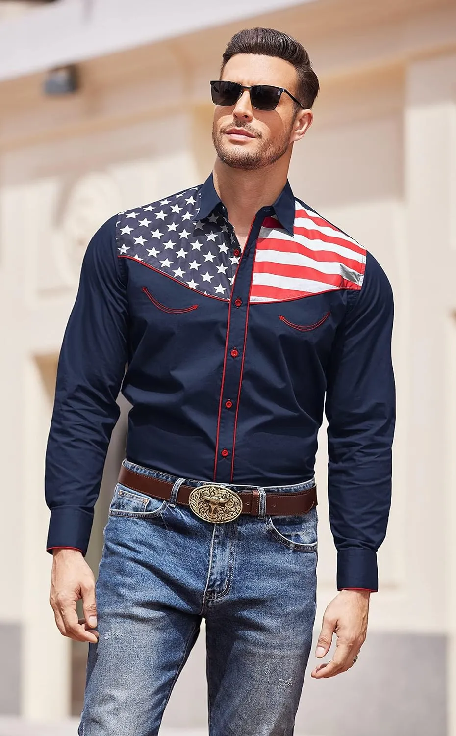 COOFANDY Men's Casual American Flag Button Down Shirts Slim Fit Long Sleeve Shirt