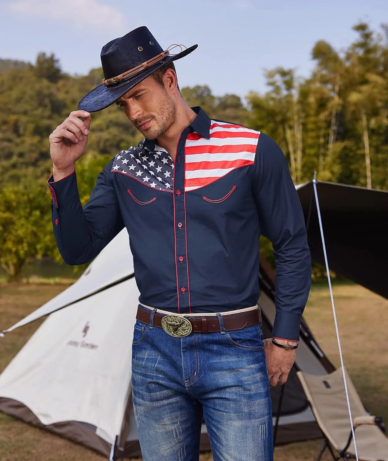 COOFANDY Men's Casual American Flag Button Down Shirts Slim Fit Long Sleeve Shirt