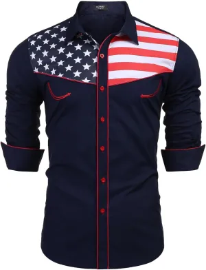 COOFANDY Men's Casual American Flag Button Down Shirts Slim Fit Long Sleeve Shirt