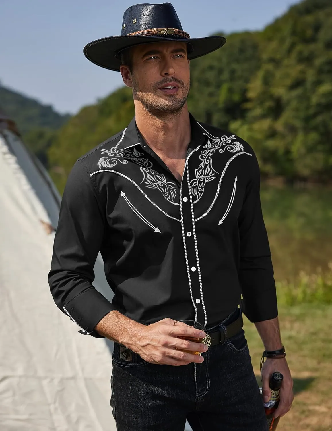 COOFANDY Men's Western Cowboy Shirt Long Sleeve Slim Fit Rose Embroidered Cotton Casual Button Down Shirts