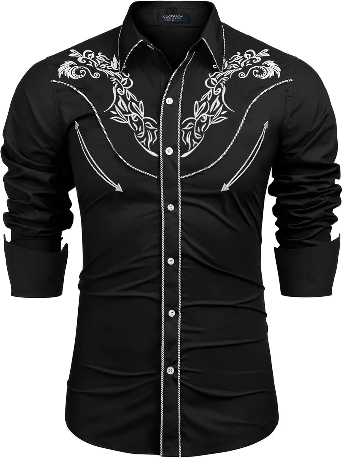 COOFANDY Men's Western Cowboy Shirt Long Sleeve Slim Fit Rose Embroidered Cotton Casual Button Down Shirts