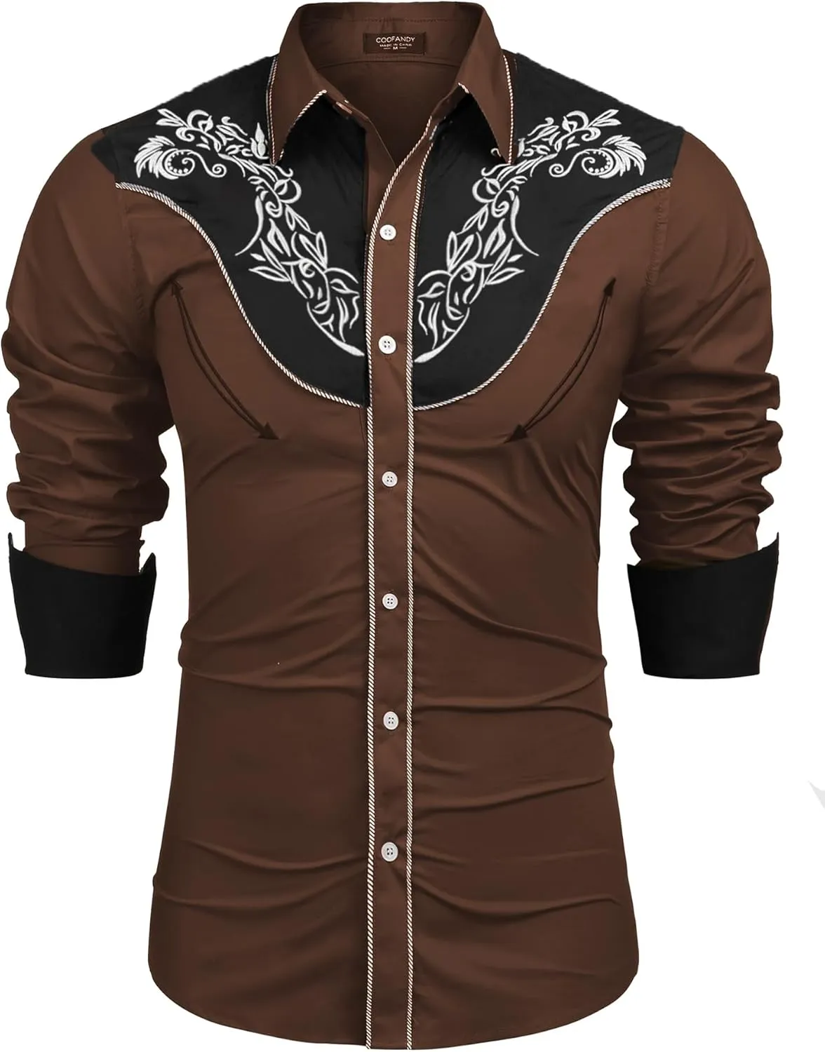 COOFANDY Men's Western Cowboy Shirt Long Sleeve Slim Fit Rose Embroidered Cotton Casual Button Down Shirts