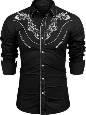COOFANDY Men's Western Cowboy Shirt Long Sleeve Slim Fit Rose Embroidered Cotton Casual Button Down Shirts