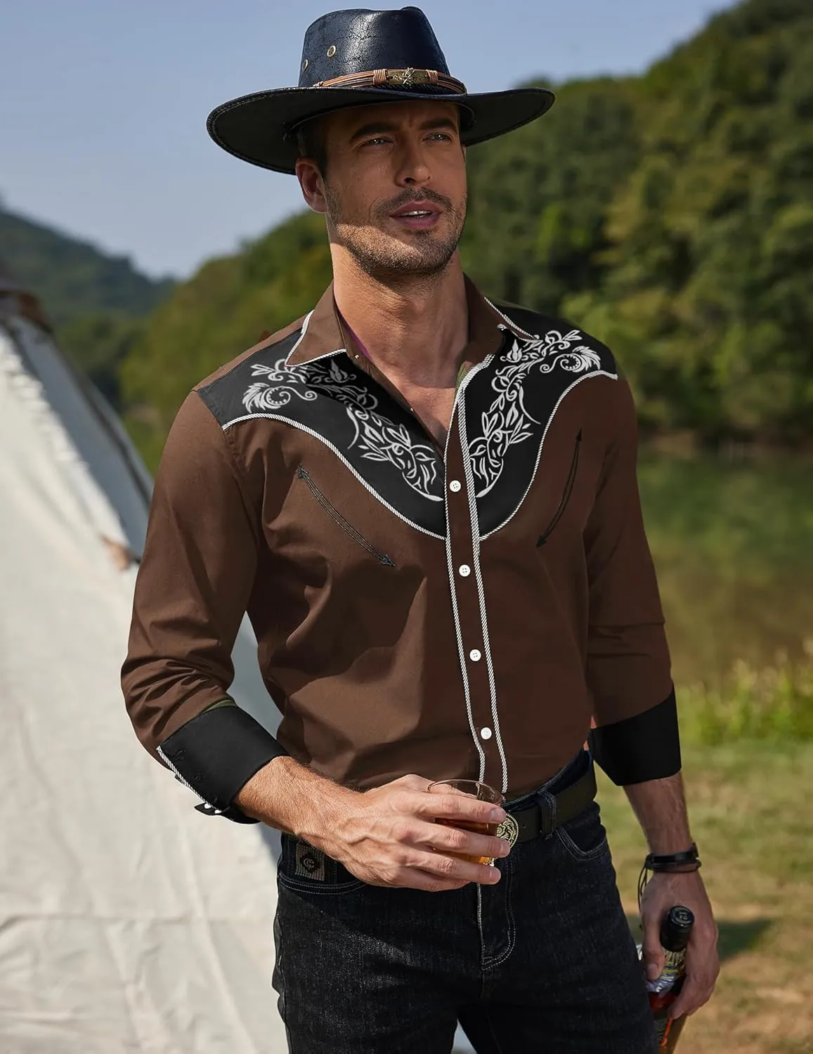 COOFANDY Men's Western Cowboy Shirt Long Sleeve Slim Fit Rose Embroidered Cotton Casual Button Down Shirts
