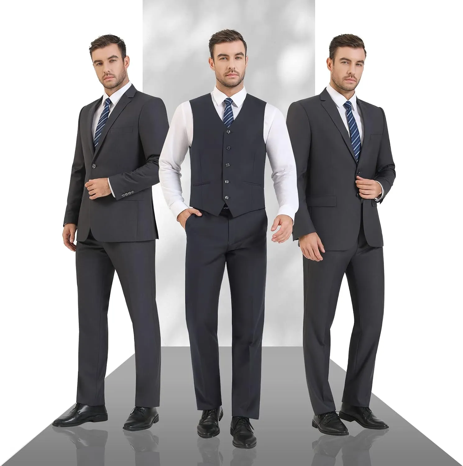 Cooper & Nelson 3 Piece Mens Suit Set, Slim Fit Suit for Men, Solid Jacket, Vest, Pants and Tie