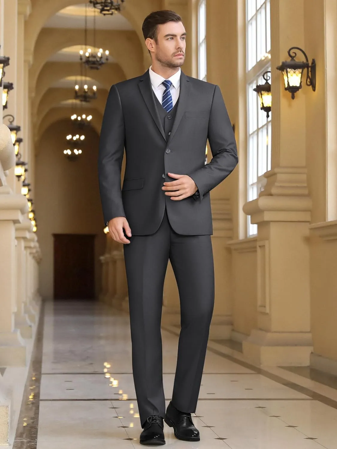 Cooper & Nelson 3 Piece Mens Suit Set, Slim Fit Suit for Men, Solid Jacket, Vest, Pants and Tie