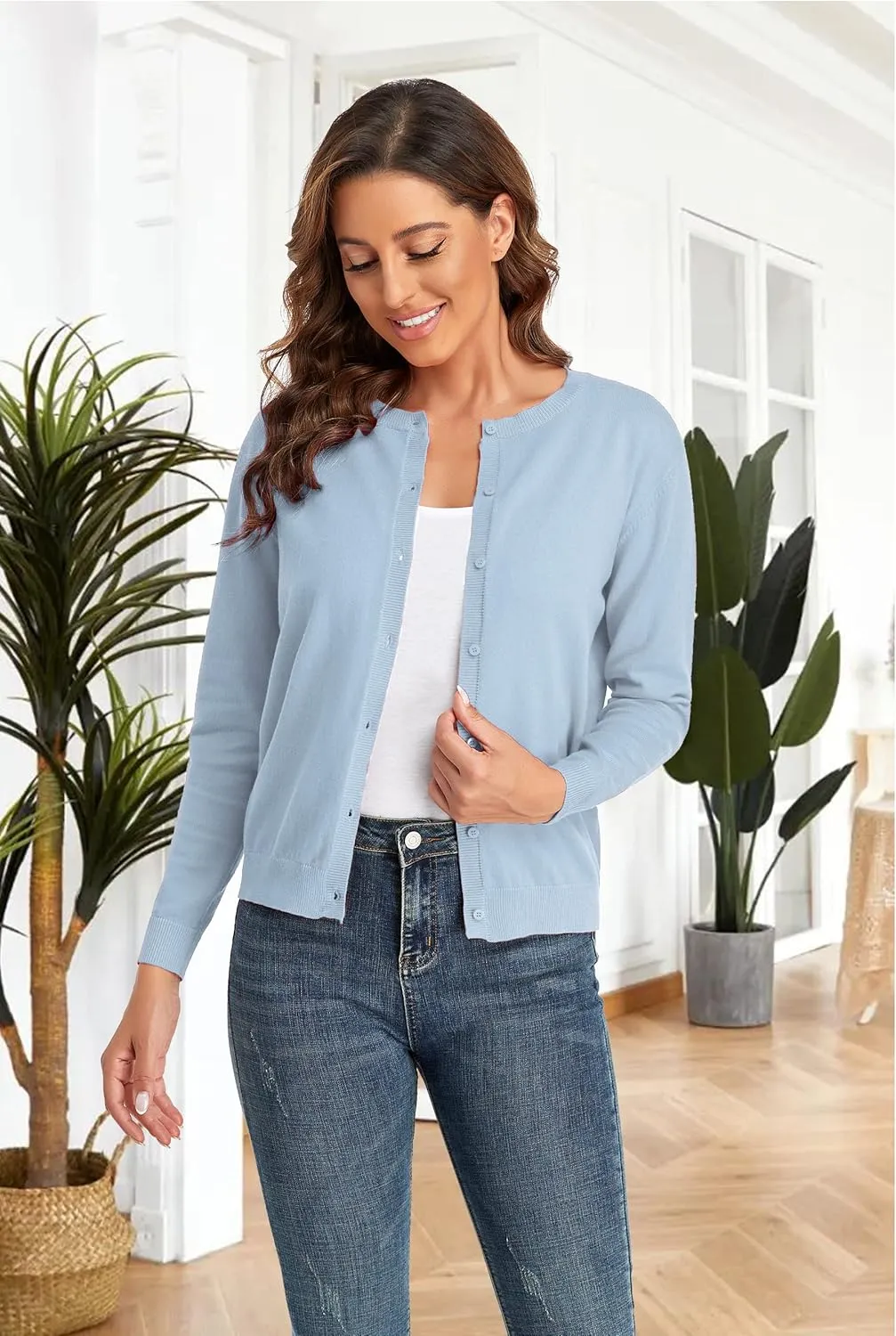 CUNYI Women's Crew Neck Cardigan Long Sleeve Sweater for Women Button Down Soft Knit Ladies Cardigan Sweates Coat