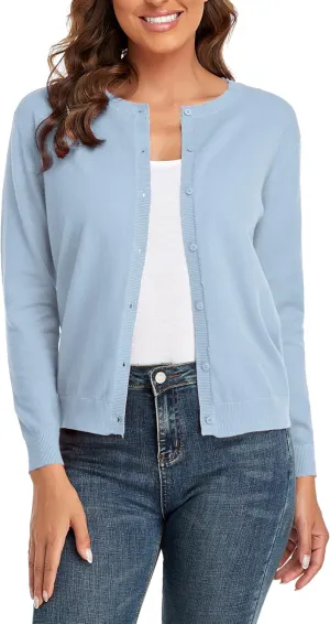 CUNYI Women's Crew Neck Cardigan Long Sleeve Sweater for Women Button Down Soft Knit Ladies Cardigan Sweates Coat