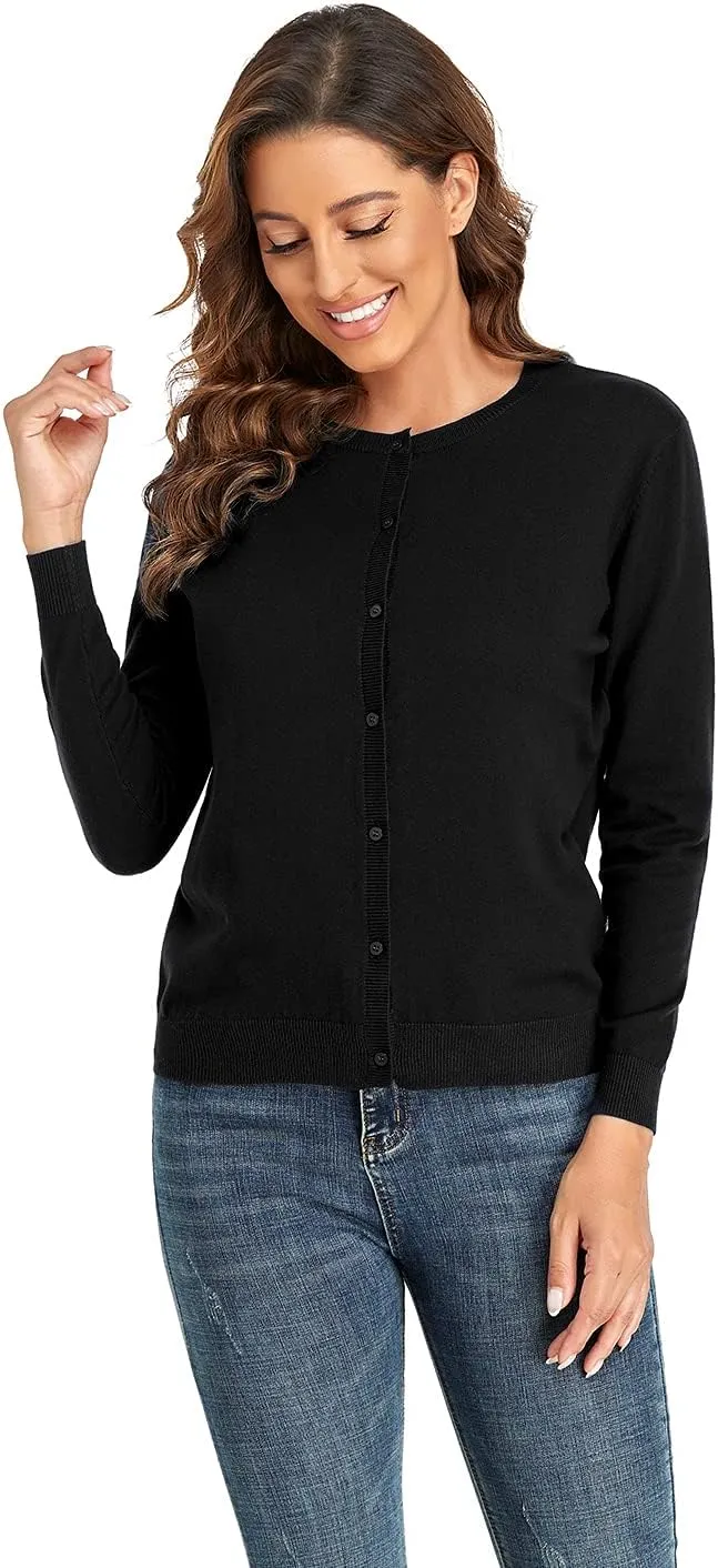 CUNYI Women's Crew Neck Cardigan Long Sleeve Sweater for Women Button Down Soft Knit Ladies Cardigan Sweates Coat
