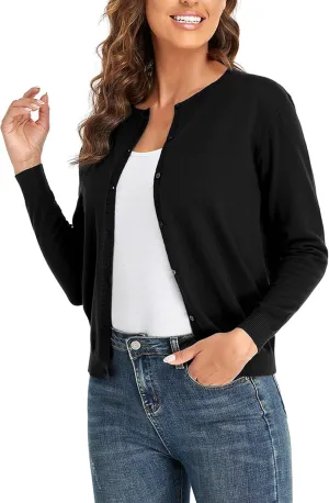 CUNYI Women's Crew Neck Cardigan Long Sleeve Sweater for Women Button Down Soft Knit Ladies Cardigan Sweates Coat