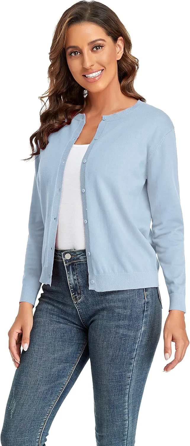 CUNYI Women's Crew Neck Cardigan Long Sleeve Sweater for Women Button Down Soft Knit Ladies Cardigan Sweates Coat