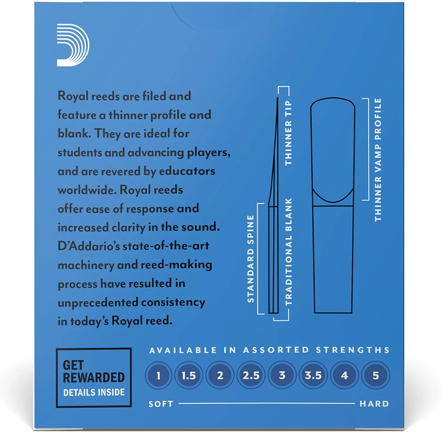 D’Addario Woodwinds - Royal Bb Clarinet Reeds - B Flat Clarinet Reeds - Reeds for Clarinet - Clarinet Bb Reeds - Strong Spine - Filed Cut - Strength 2.5, 10-Pack