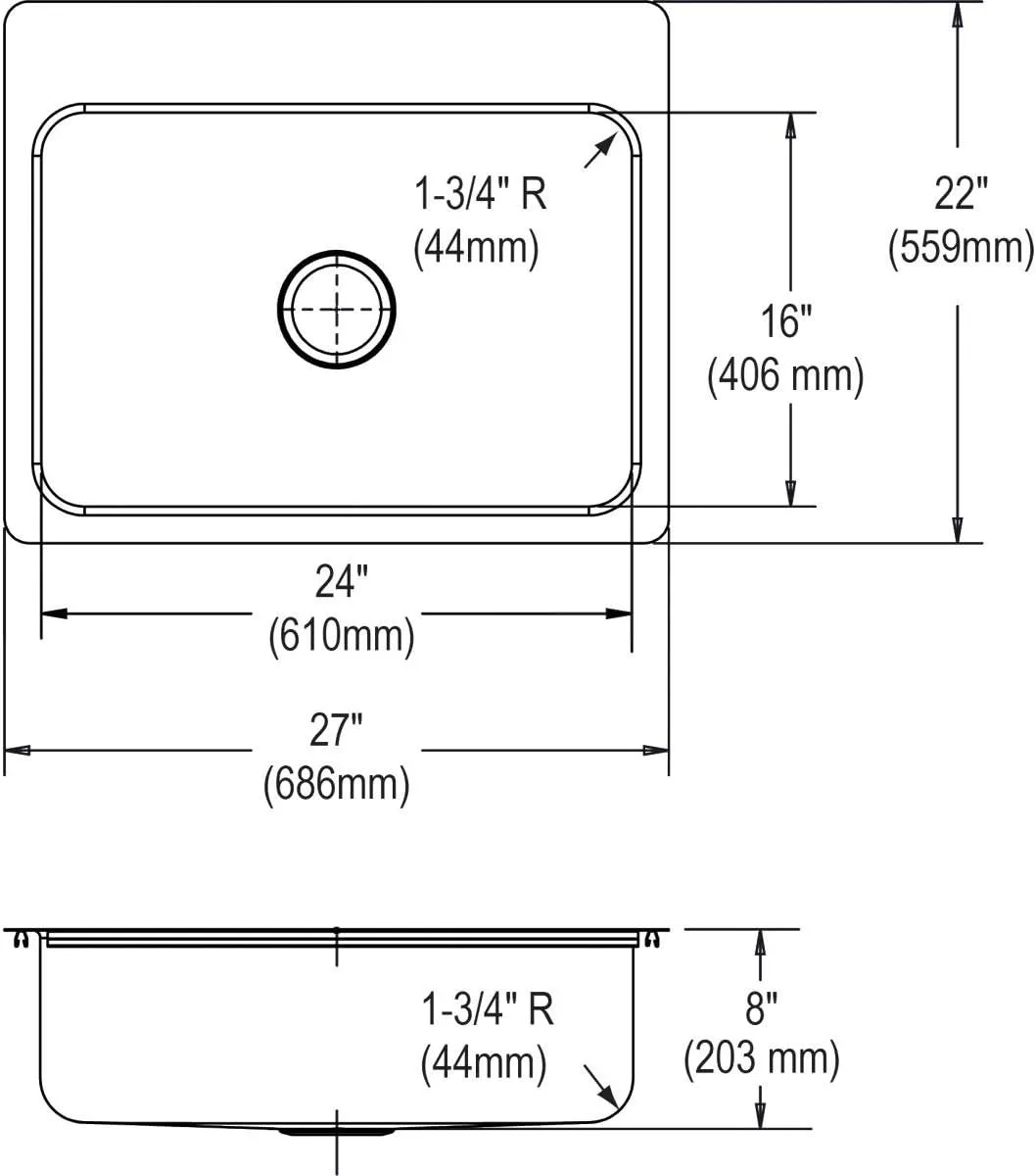 Dayton DSESR127222 Single Bowl Dual Mount Stainless Steel Sink