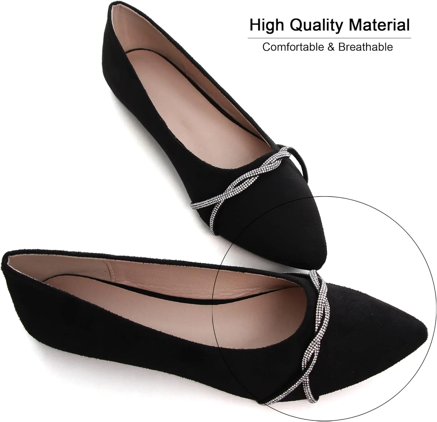 Dear Time Women's Pointed Toe Flat Shoes Rhinestone Chain Shiny Loafers Dress Comfortable Ballets Shoes for Office Work