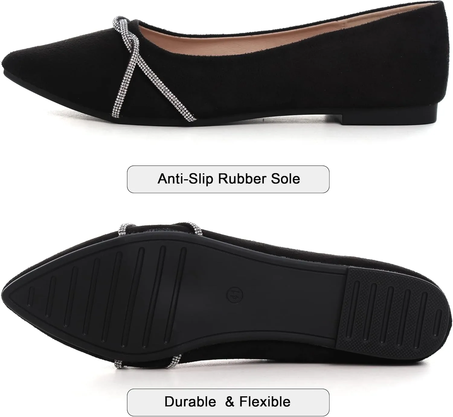 Dear Time Women's Pointed Toe Flat Shoes Rhinestone Chain Shiny Loafers Dress Comfortable Ballets Shoes for Office Work