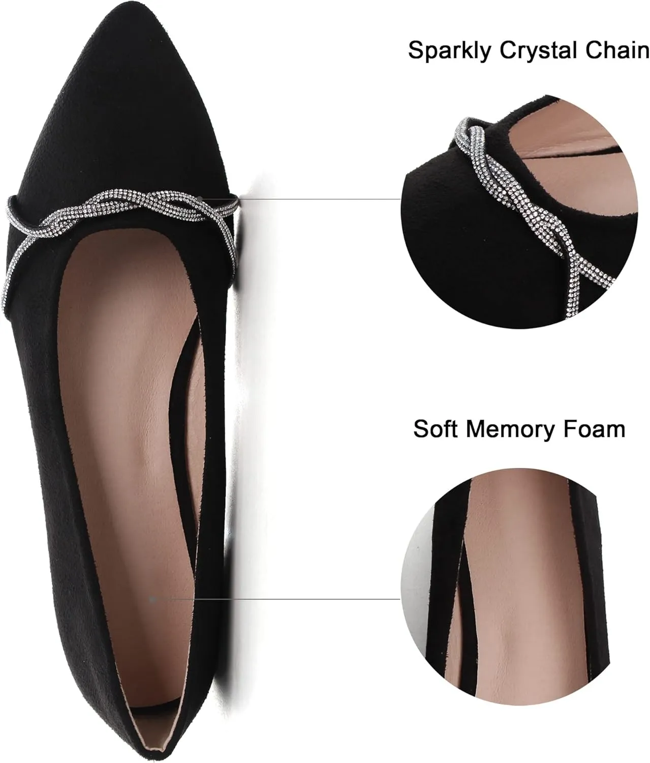 Dear Time Women's Pointed Toe Flat Shoes Rhinestone Chain Shiny Loafers Dress Comfortable Ballets Shoes for Office Work
