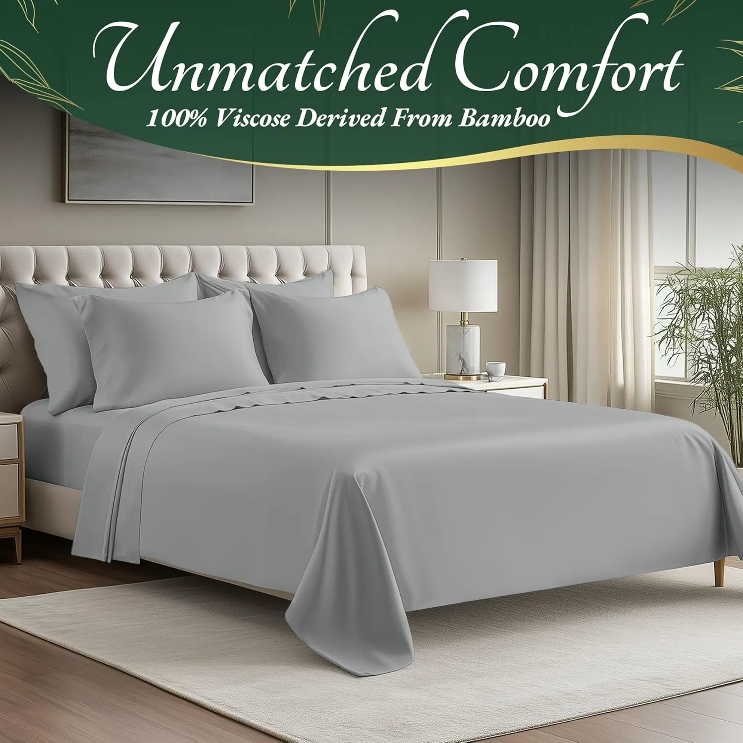 DECOLURE 100% Organic Viscose Derived from Bamboo Sheets King Size 6pcs - Ultra Soft & Luxuriously Cooling, 17" Deep Pocket, Double Stitching, Perfect for Hot Sleepers - King Bed Sheets (Light Grey)