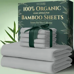 DECOLURE 100% Organic Viscose Derived from Bamboo Sheets King Size 6pcs - Ultra Soft & Luxuriously Cooling, 17" Deep Pocket, Double Stitching, Perfect for Hot Sleepers - King Bed Sheets (Light Grey)