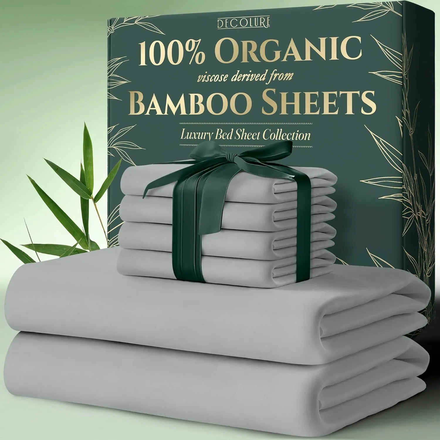 DECOLURE 100% Organic Viscose Derived from Bamboo Sheets King Size 6pcs - Ultra Soft & Luxuriously Cooling, 17" Deep Pocket, Double Stitching, Perfect for Hot Sleepers - King Bed Sheets (Light Grey)