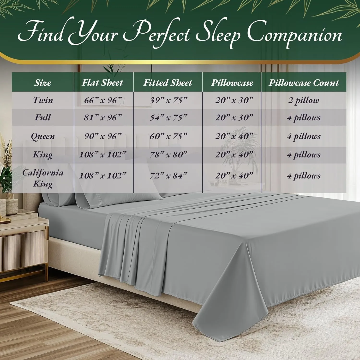 DECOLURE 100% Organic Viscose Derived from Bamboo Sheets King Size 6pcs - Ultra Soft & Luxuriously Cooling, 17" Deep Pocket, Double Stitching, Perfect for Hot Sleepers - King Bed Sheets (Light Grey)