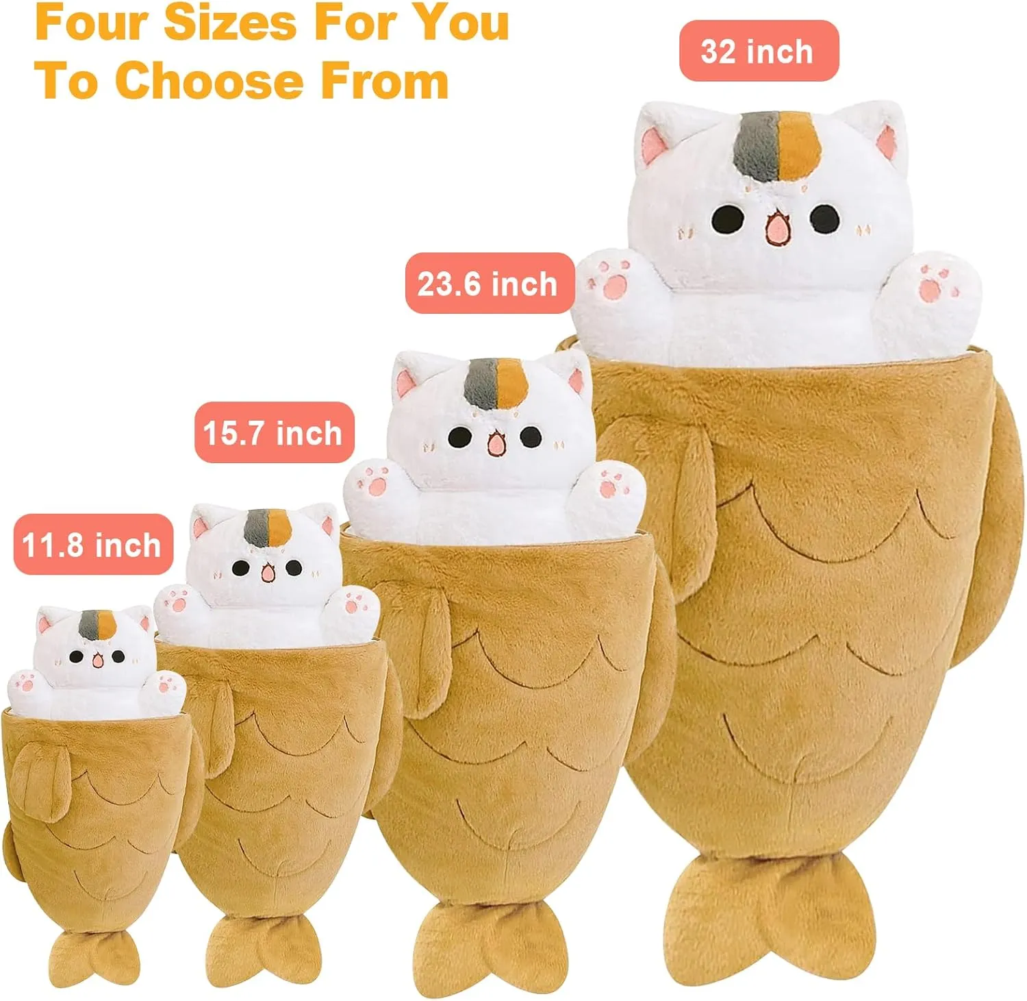 Ditucu 23.6 inch Taiyaki Cat Plush Pillow Cute Kitten Inside Fish 2 in 1 Soft Stuffed Animal Plushies Toys with Outfit Sleeping Doll Gifts for Girls Boys