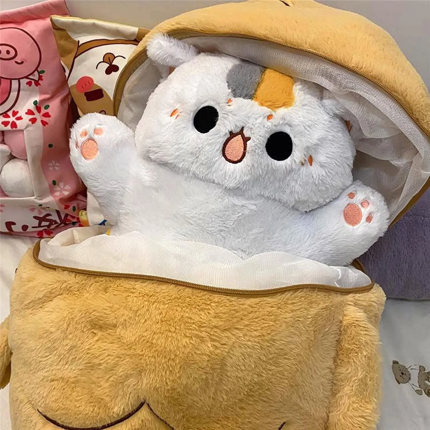 Ditucu 23.6 inch Taiyaki Cat Plush Pillow Cute Kitten Inside Fish 2 in 1 Soft Stuffed Animal Plushies Toys with Outfit Sleeping Doll Gifts for Girls Boys