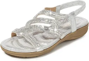 DKCHENH Rhinestone Sandals for Women Flat - Trendy Sparkling Boho Ladies' Flat Sandals,Beautiful Sparkling Boho Ladies' Flat Sandals for Summer.