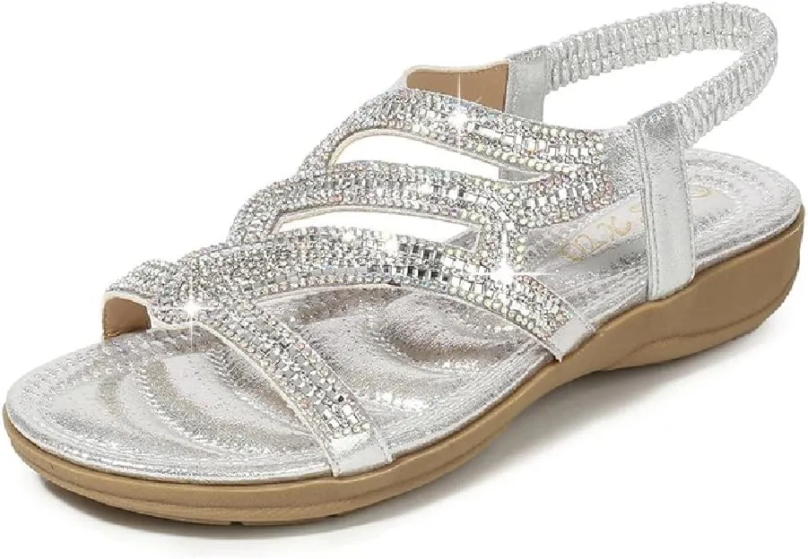 DKCHENH Rhinestone Sandals for Women Flat - Trendy Sparkling Boho Ladies' Flat Sandals,Beautiful Sparkling Boho Ladies' Flat Sandals for Summer.