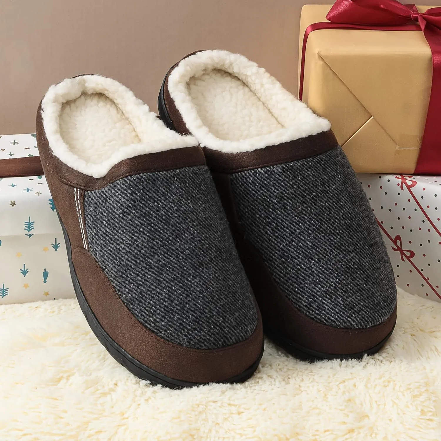 DREAM PAIRS Men's Cozy Memory Foam Slippers with Fuzzy Wool-Like Lining, Slip-on Washable Indoor Outdoor House Shoes
