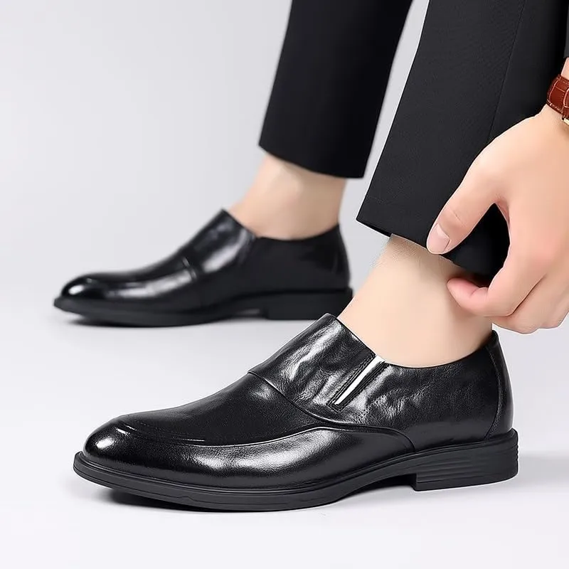 Dress Oxford for Men Slip On Round Burnished Toe PU Leather Block Heel Anti-Slip Rubber Sole Slip Resistant Casual