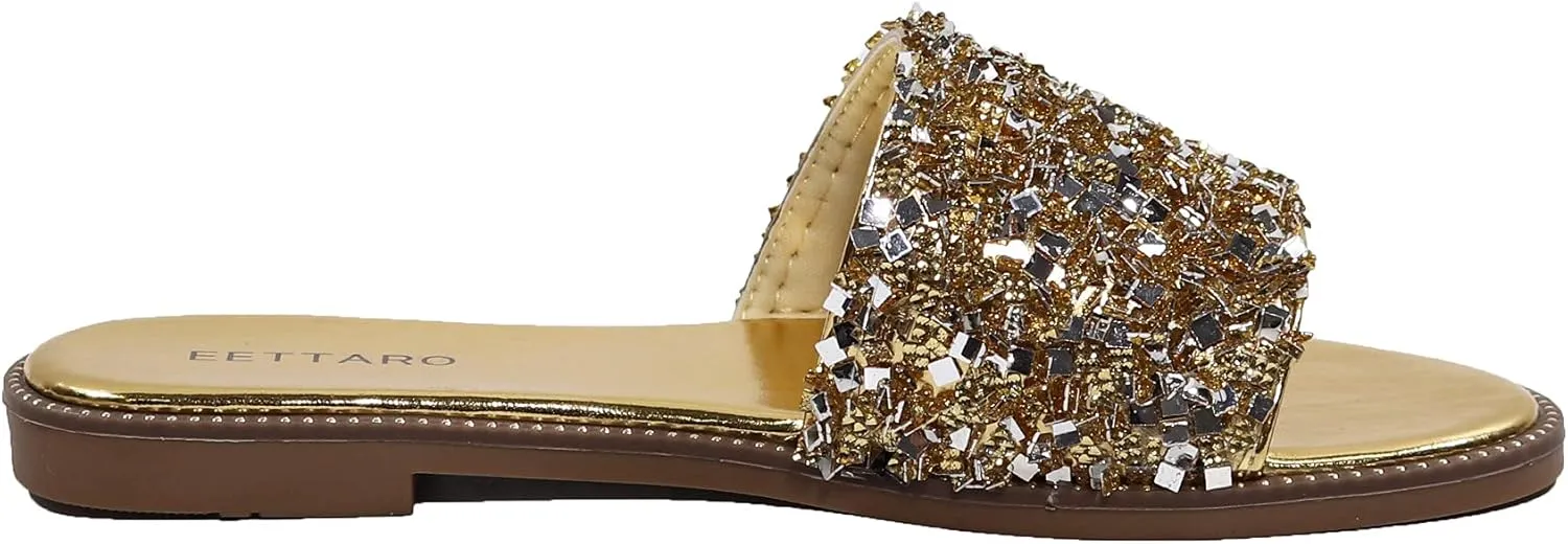 EETTARO Women's Glitter Shiny Slide Sandals Sparkle Fancy Flat Slippers Slip-on Jeweled Shoes