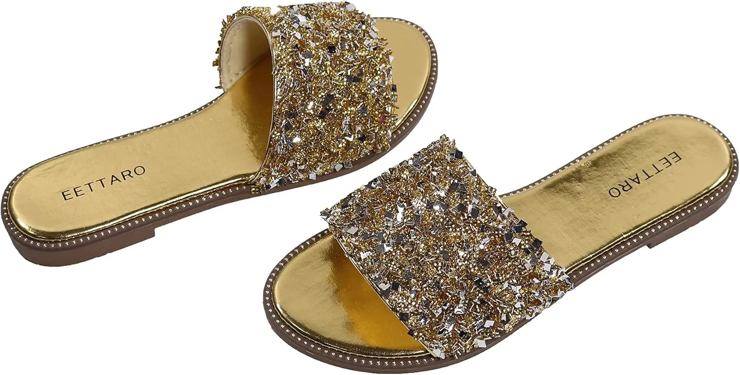 EETTARO Women's Glitter Shiny Slide Sandals Sparkle Fancy Flat Slippers Slip-on Jeweled Shoes